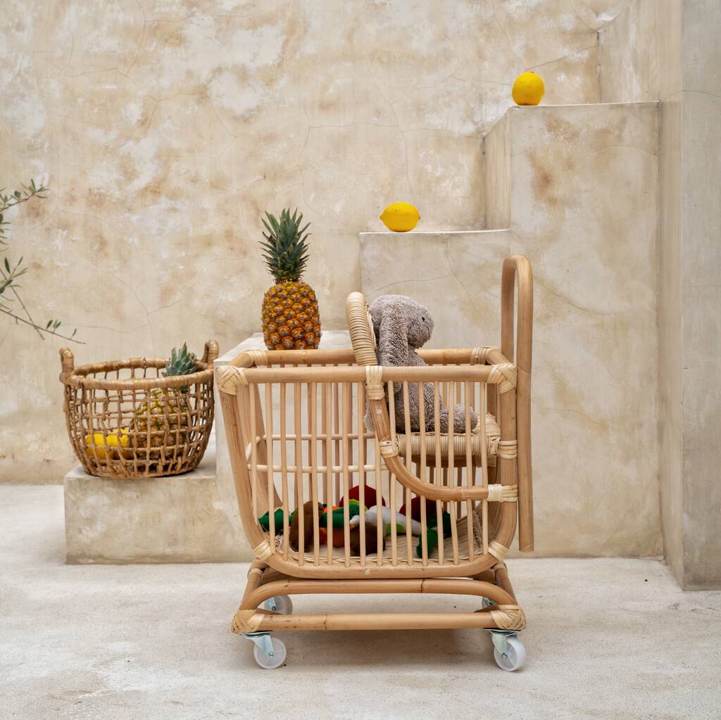 Rattan Toy Shopping Trolley – Pretend Play Cart, 1 of 6