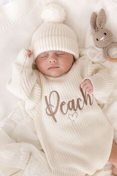 3pcs Embroidered Personalised Romper, Hat And Bootie Set, Perfect Baby Gift, 2 of 8