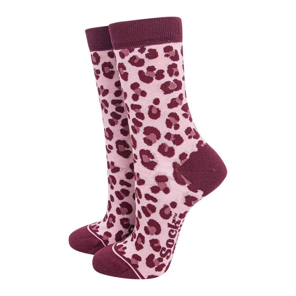 Leopard Print Bamboo Ankle Socks Women's Pink Plum, 1 of 3