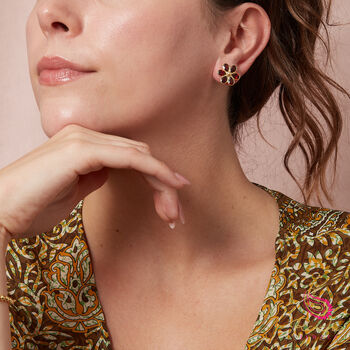 Red Garnet Flower Gold Plated Silver Stud Earrings, 2 of 11