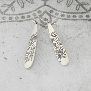 Mehndi Pattern Long Slim Earrings In Sterling Silver, 2 of 3