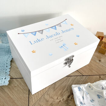 Personalised Blue Garland Baby White Keepsake Box Three Sizes, 4 of 12