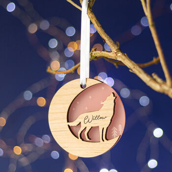 Starry Wolf Wood Personalised Christmas Decoration, 3 of 6