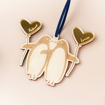 Penguins With Silver Balloons Personalised Christmas Tree Decoration, 2 of 7