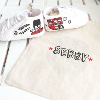 Personalised Double Decker Bus Baby Canvas Shoes, 7 of 7
