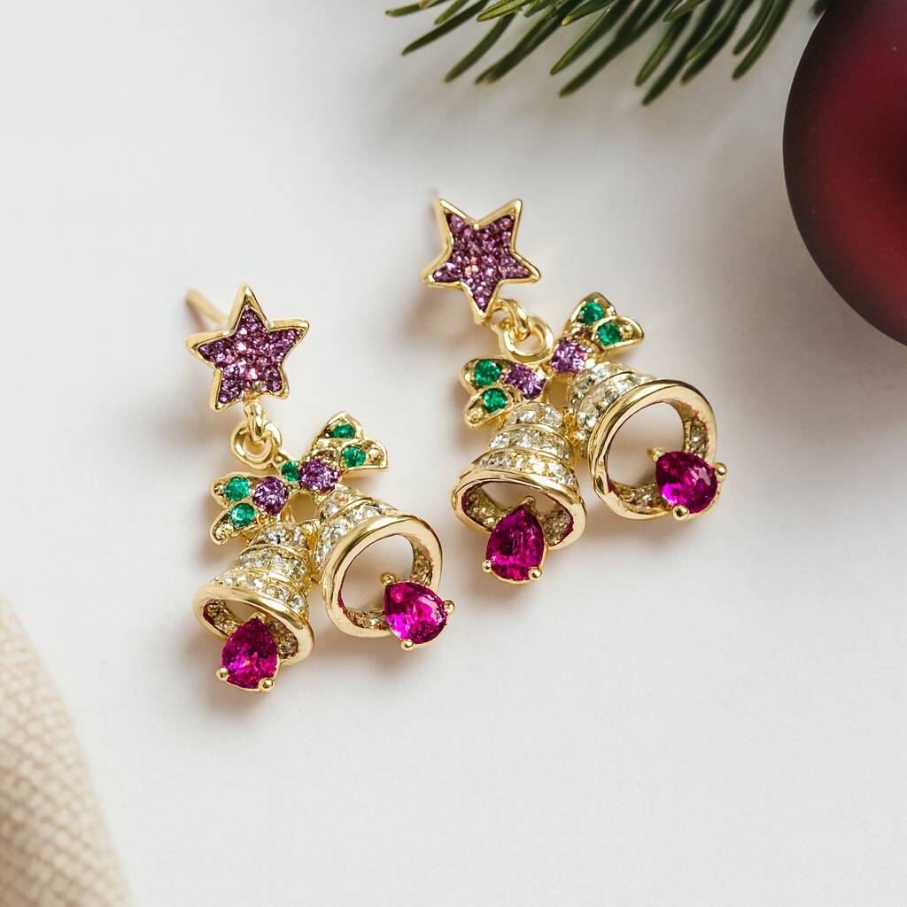 Sparkling Jingle Bells Christmas Drop Earrings, 1 of 4