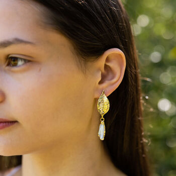 Leaf And Mother Of Pearl Drop Earrings, 2 of 3