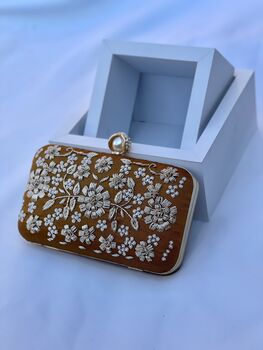 Embroidered Rectangle Clutch In Orange Colour, 3 of 6