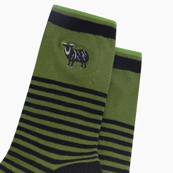 Embroidered Black Sheep Striped Combed Cotton Socks In Green, 2 of 4