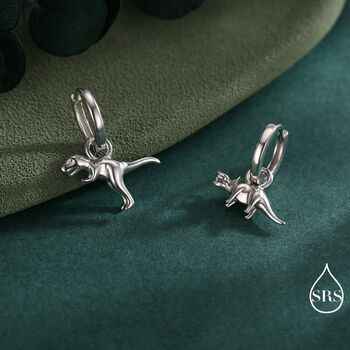 Sterling Silver Mismatched T Rex And Triceratops Hoop Earrings, 3 of 12