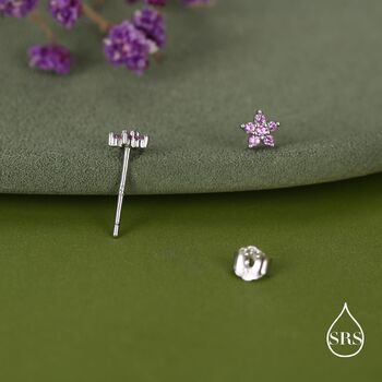 Sterling Silver Tiny Pink Cz Flower Stud Earrings, 6 of 12