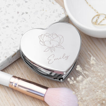 Custom Silver Plated Birth Flower Heart Compact Mirror, 11 of 12