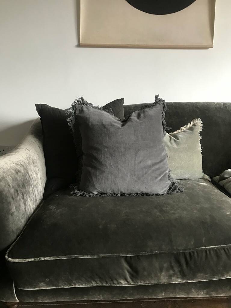 Velvet Cushion With Fringe Ash, 1 of 4