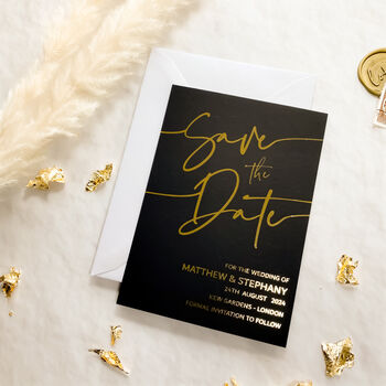Save The Date Black And Gold Foil Wedding Invites, 5 of 8