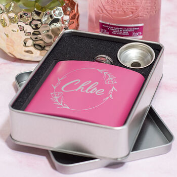 Personalised Floral Frame Pink Hip Flask, 2 of 3