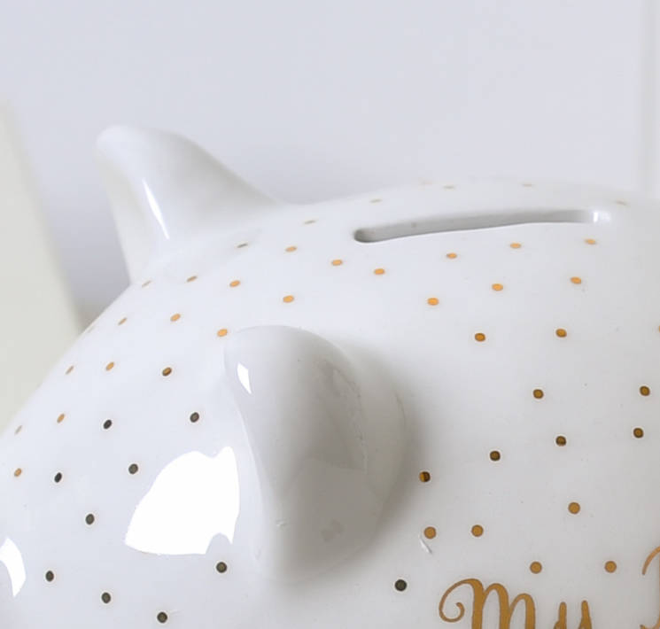 metallic gold polka dot piggy bank by dibor
