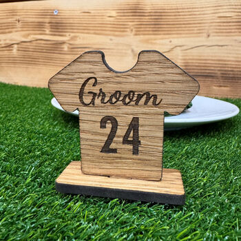 Oak Veneer Football Shirt Place Name Setting Weddings Event, 3 of 5