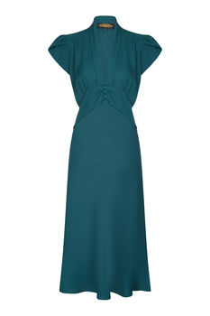 Petal Sleeve 1940s Tuxedo Collar Dress In Emerald, 2 of 3
