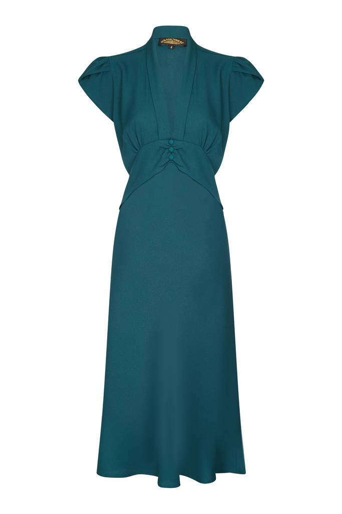 Petal Sleeve 1940s Tuxedo Collar Dress In Emerald By Nancy Mac ...