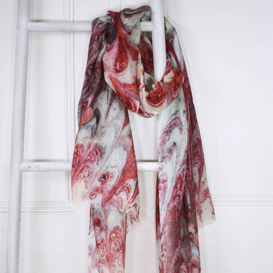 Ehret Burgundy Cream Marble Print Wool Silk Scarf By Edition de Luxe ...