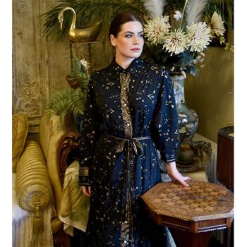 'Ember' Black And Gold Small Geo Print Long Tiered Dress, 6 of 8