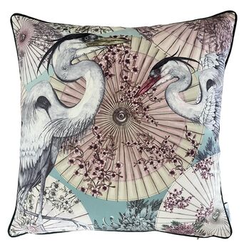 Sakura Sunshade Japanese Parasoles With Crane Birds Luxury Velvet Square Cushion, 6 of 6