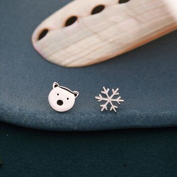 Mismatched Polar Bear And Snowflake Stud Earrings In Sterling Silver, 3 of 9