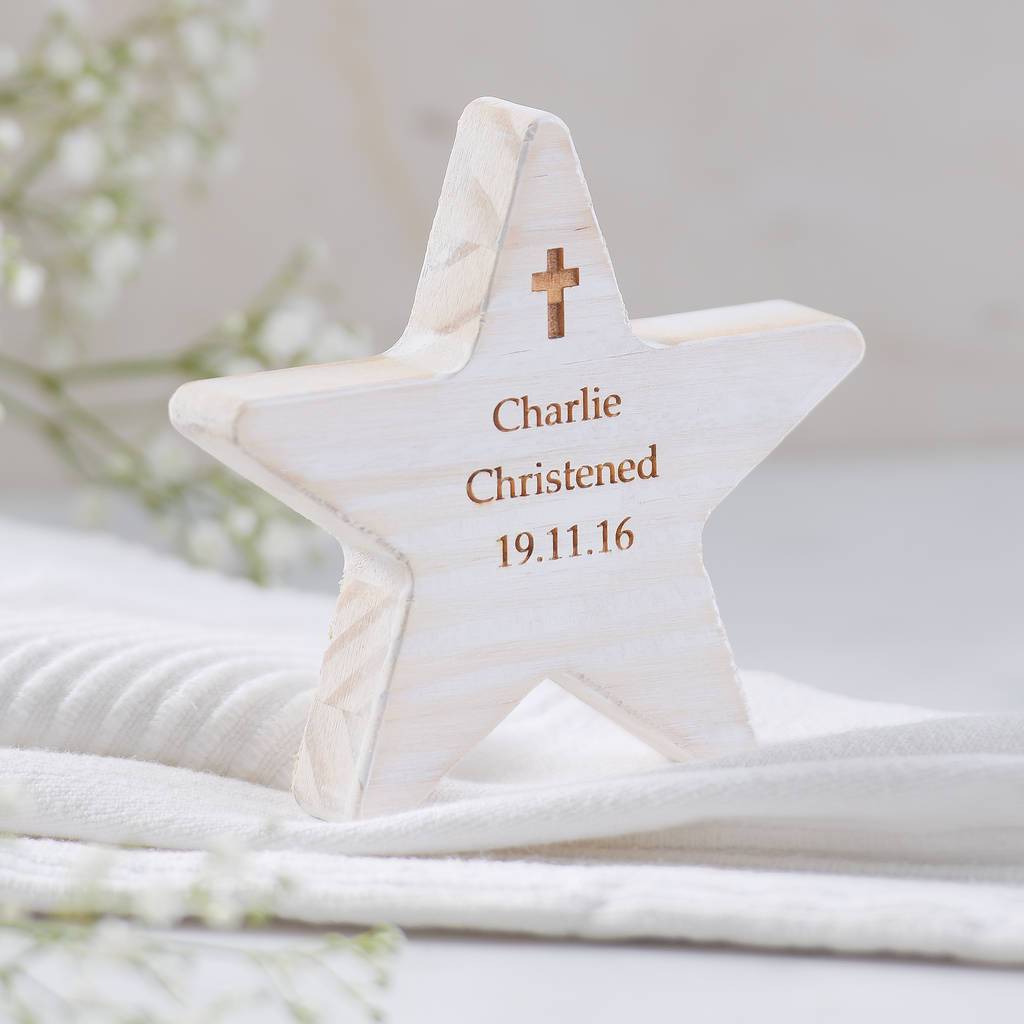 Personalised Christening Wooden Star With Cross, 1 of 6
