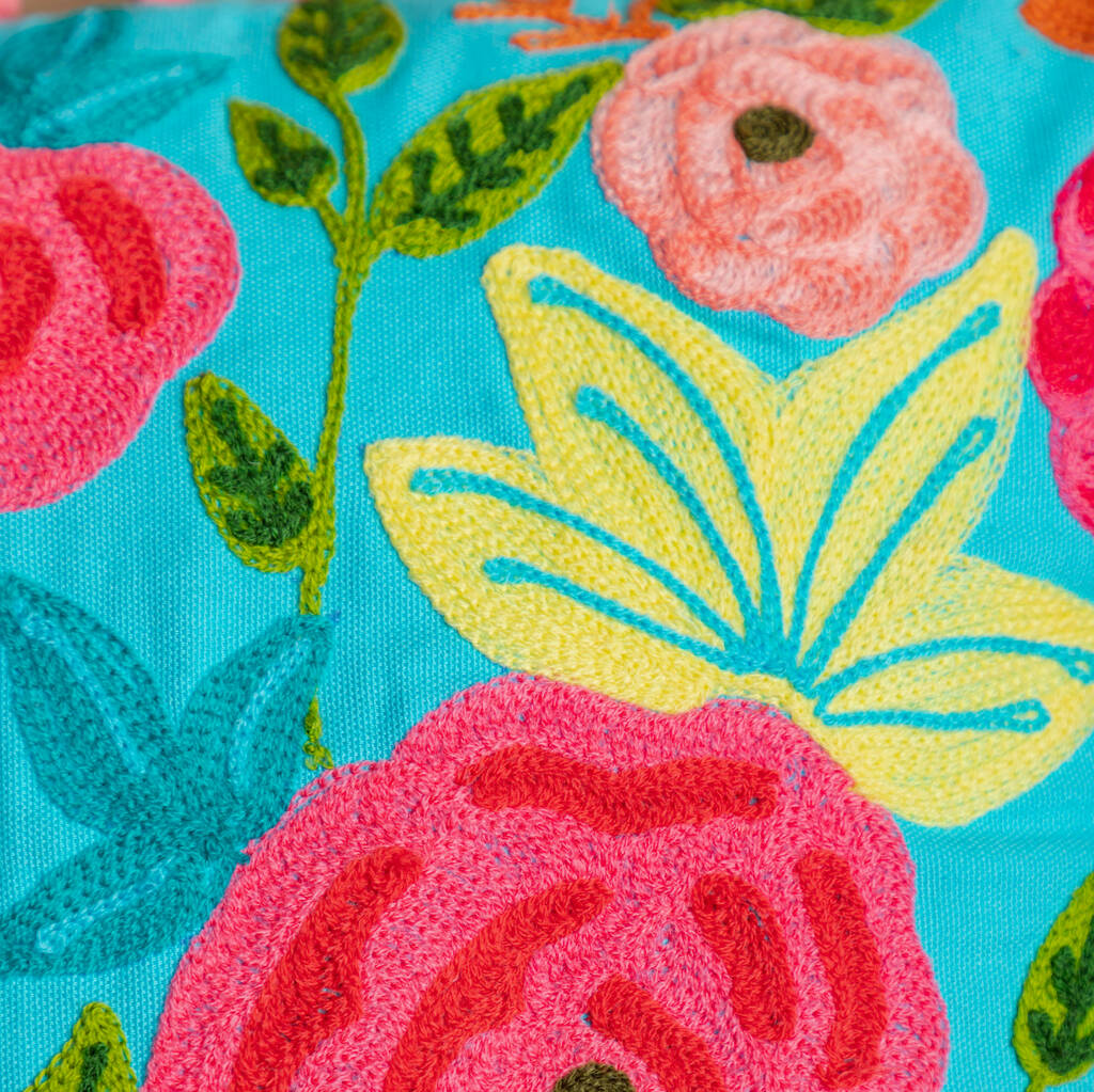 Turquoise Floral Embroidered Cotton Cushion Cover By Birch & Yarn