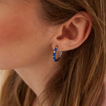 Blue Enamel Stripe Sterling Silver Hoop Earrings Zirconia Interior, 5 of 10