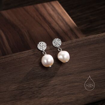 Genuine Pearl And Textured Disks Drop Earrings, 2 of 10