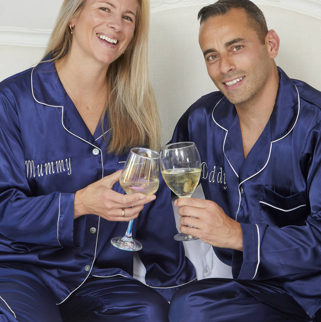 Personalised Matching Couples Christmas Navy Satin Pyjamas, 1 of 4
