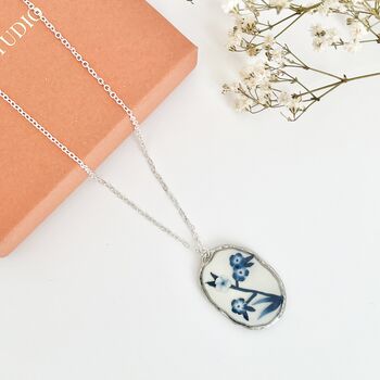 Blue And White Floral Handmade Oval Clay Necklace, 7 of 9