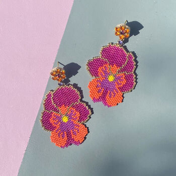 Hand Beaded Pink Pansy Statement Earrings, 6 of 9