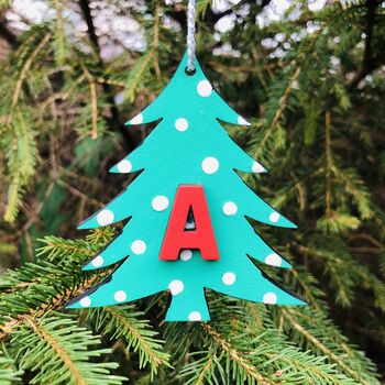 Personalised Green Xmas Tree Alphabet Decoration Tag, 4 of 6