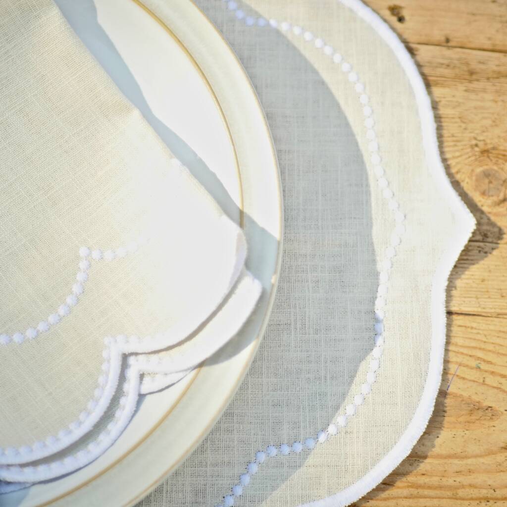 Pair Of Scalloped Embroidered Cream Linen Placemats By Dress For Dinner Tablescapes