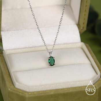 Sterling Silver Extra Tiny 4x6mm Emerald Green Cz Oval Pendant Necklace, 3 of 10