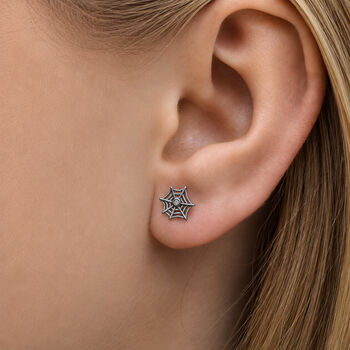 Black Sterling Silver Spider Web Stud Earrings, 2 of 3