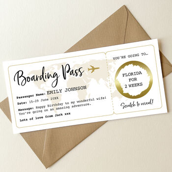 Personalised Boarding Pass Scratch And Reveal Gift Voucher: Gold Circle Design, 2 of 10