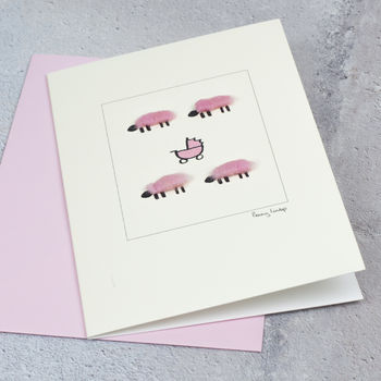 New Baby Card With Woolly Sheep And Pram In Pink, 2 of 2