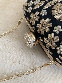 Black Handcrafted Embroidered Pearl Oval Clutch Bag, 10 of 10