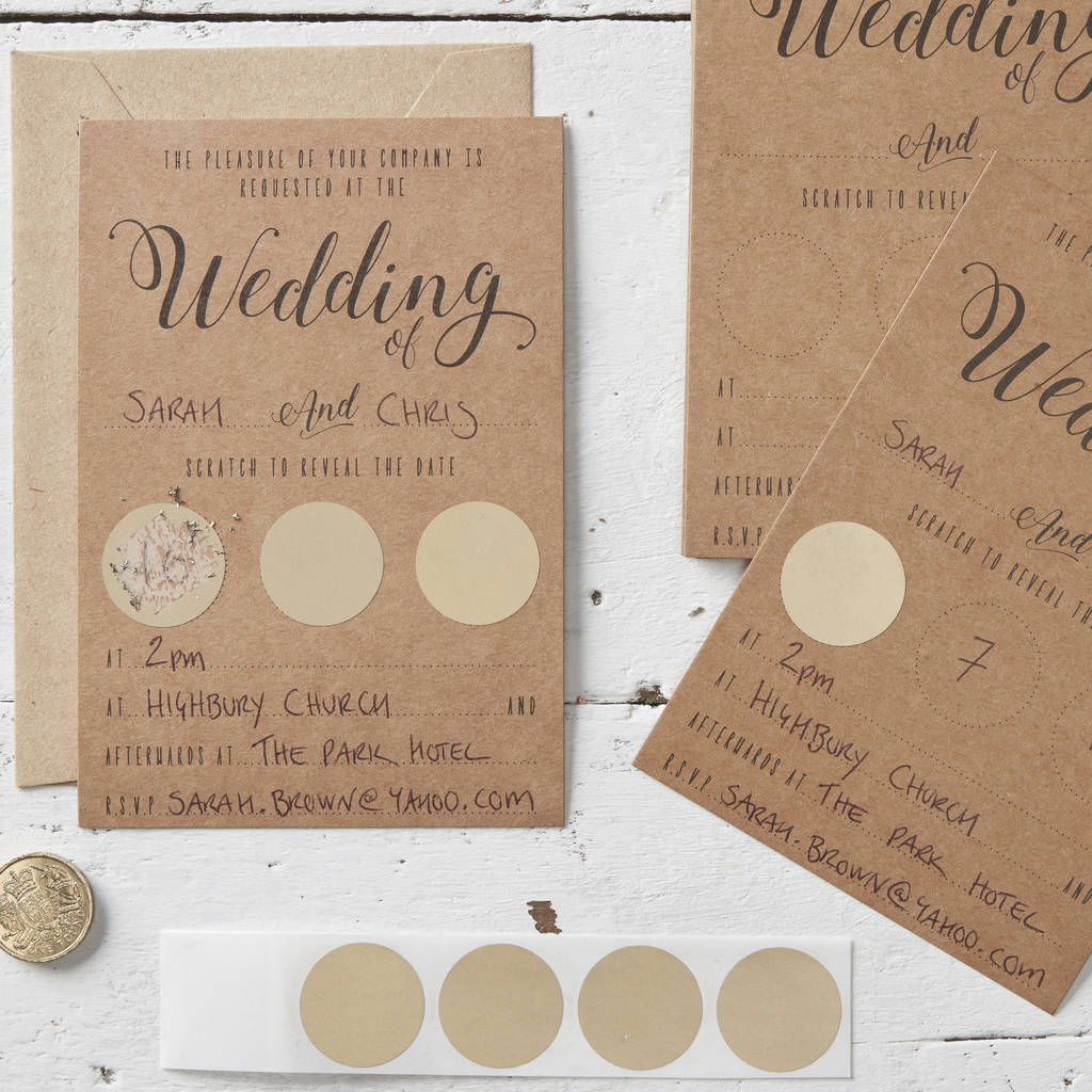 kraft and gold scratch the date wedding invitations by ginger ray