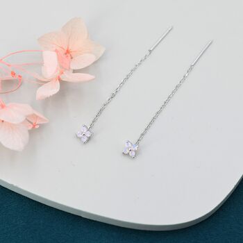 Sterling Silver Tiny Hydrangea Flower Cz Threader Earrings, 4 of 12