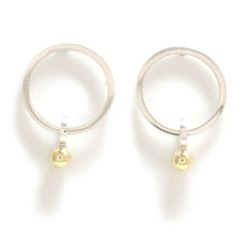 Silver Circle Stud Earrings With Dangling Gold Ball, 2 of 6