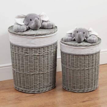 Large 68cm Grey Wicker Laundry Basket With Elephant, 3 of 4
