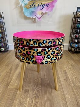 Pink Leopard Print Round Wooden Side Table With Drawer, 2 of 10