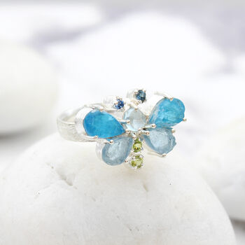 Aquamarine Apatite And Peridot Gemstone Butterfly Silver Ring, 3 of 4