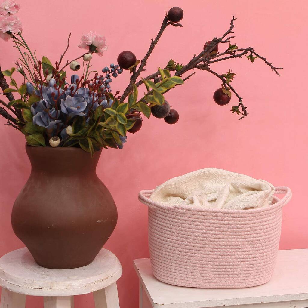 Pink Oval Cotton Rope Storage Basket With Handles By Momentum