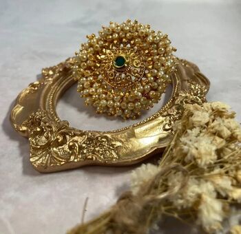 Fatima Gold Plated Pearl And Kundan Ring Emerald, 2 of 2