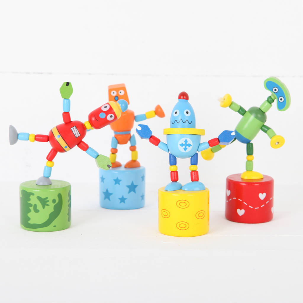 Three Wooden Robots And Personalised Bag By red berry apple
